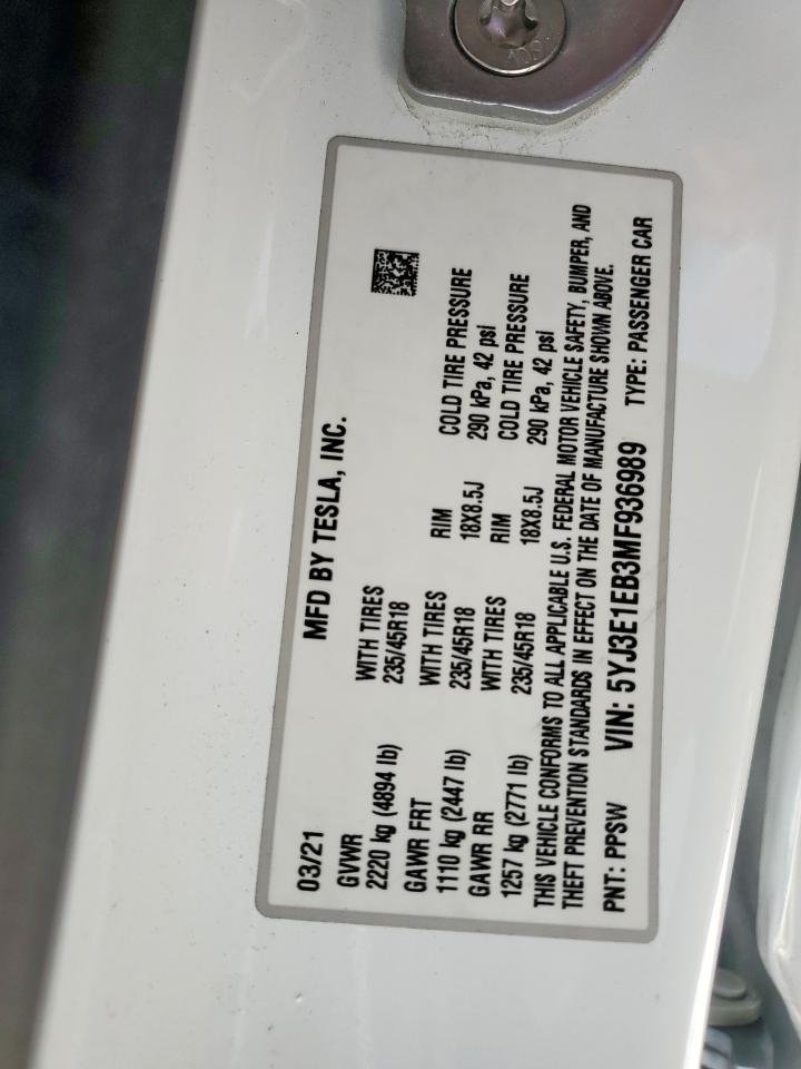 2021 Tesla Model 3 VIN: 5YJ3E1EB3MF936989 Lot: 90812185