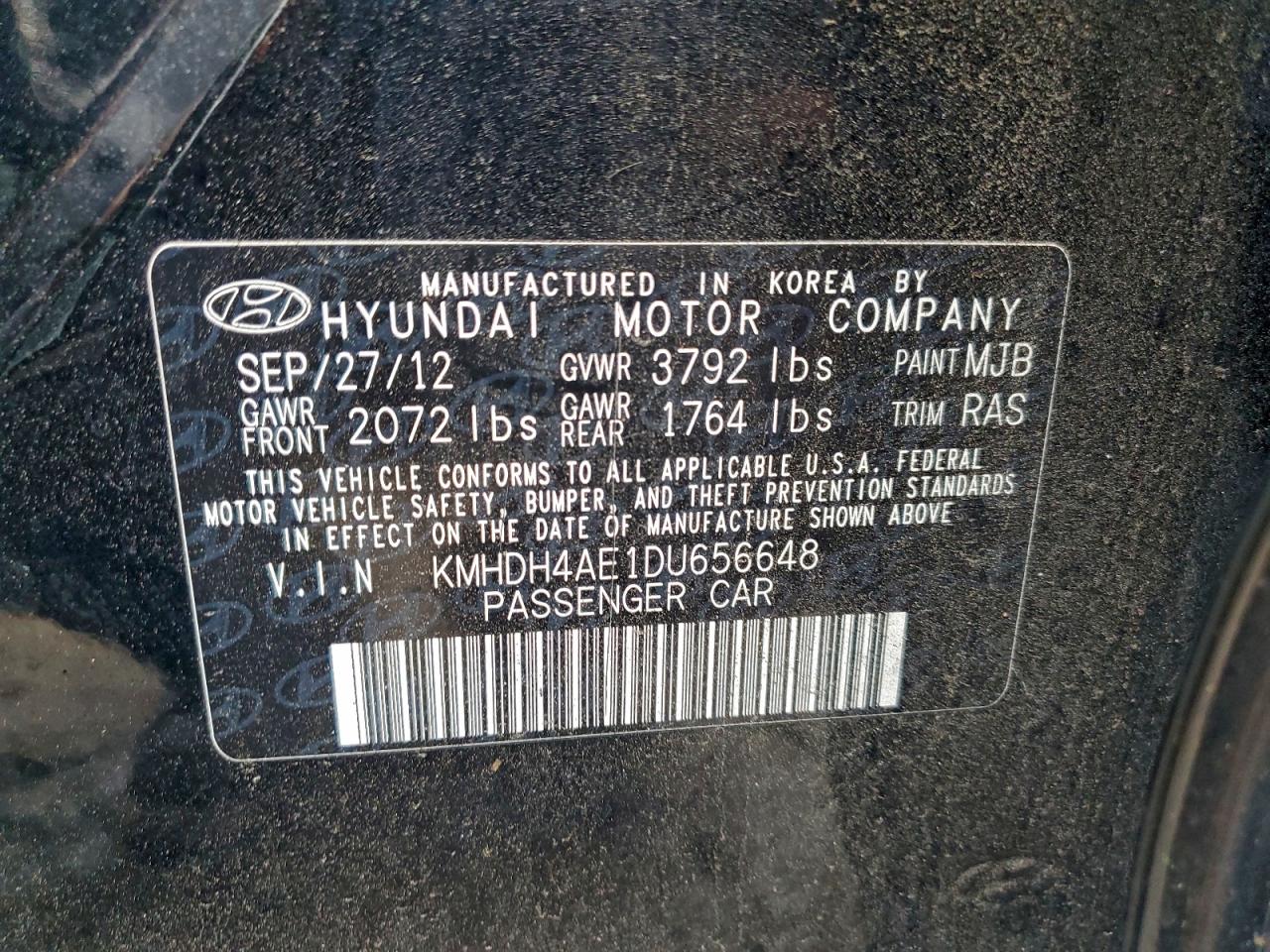 2013 Hyundai Elantra Gls VIN: KMHDH4AE1DU656648 Lot: 94280565