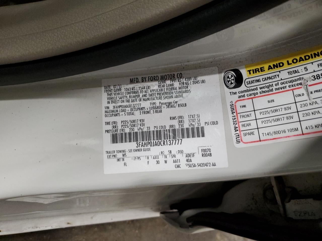 2012 Ford Fusion Sel VIN: 3FAHP0JA0CR137777 Lot: 93471725