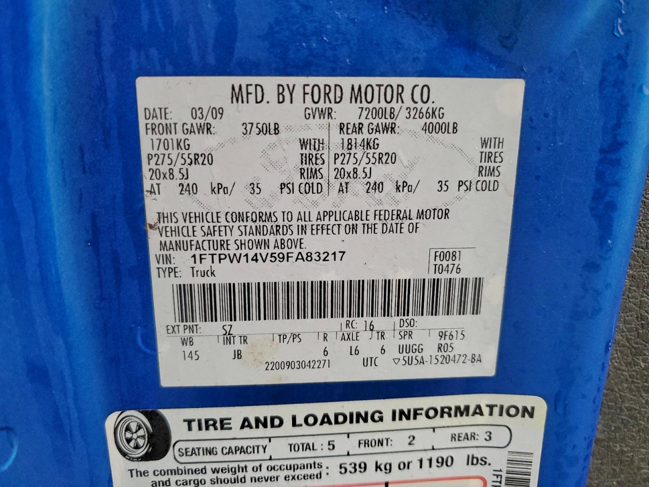 2009 Ford F150 Supercrew VIN: 1FTPW14V59FA83217 Lot: 94343185