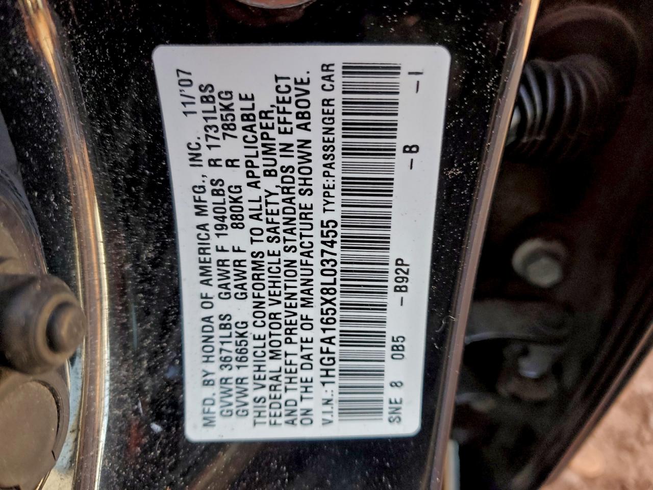 2008 Honda Civic Lx VIN: 1HGFA165X8L037455 Lot: 92953305