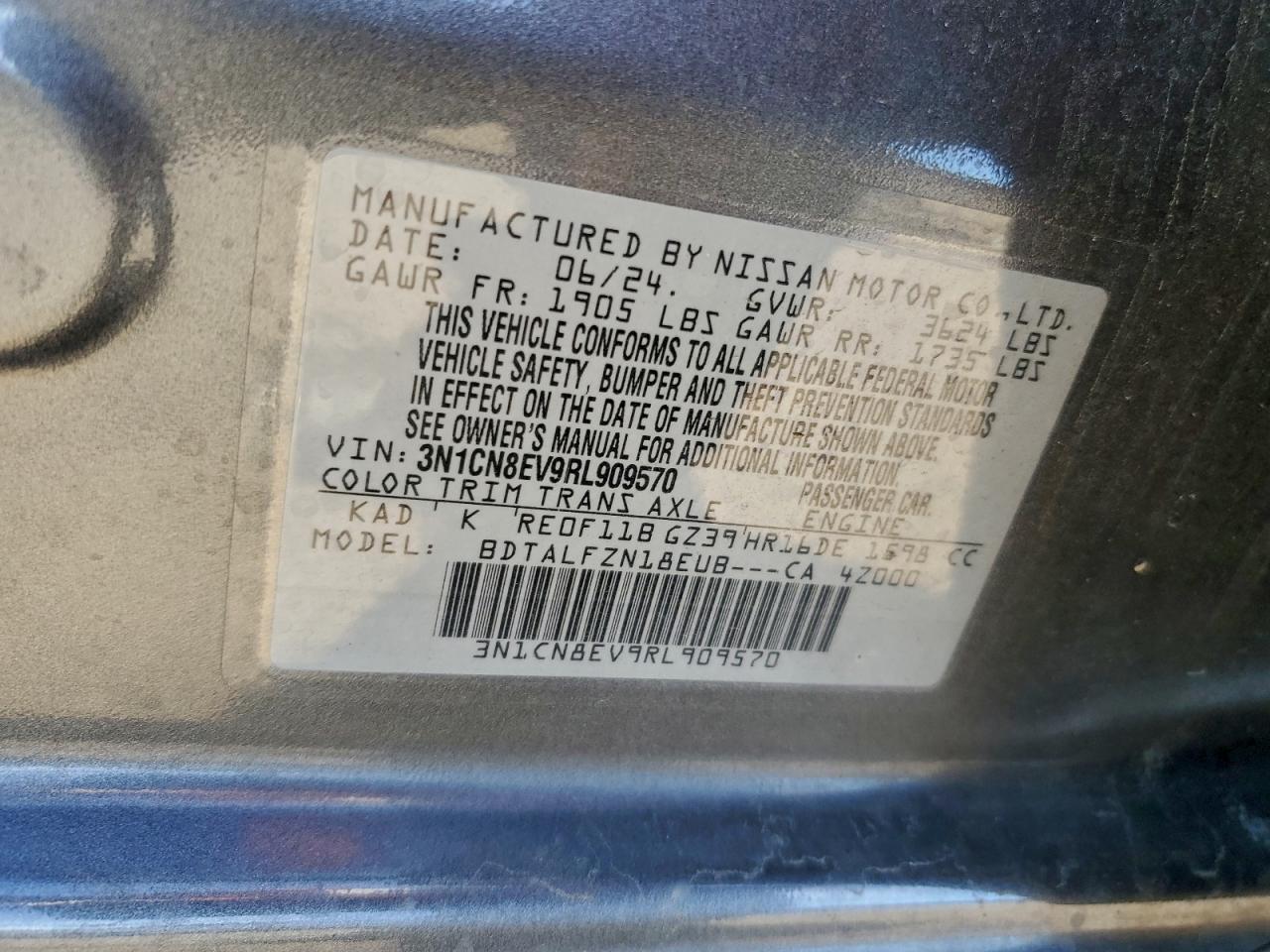 2024 Nissan Versa Sv VIN: 3N1CN8EV9RL909570 Lot: 94376695