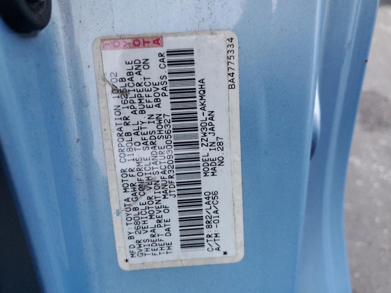 2003 Toyota Mr2 Spyder VIN: JTDFR320930056327 Lot: 93344735