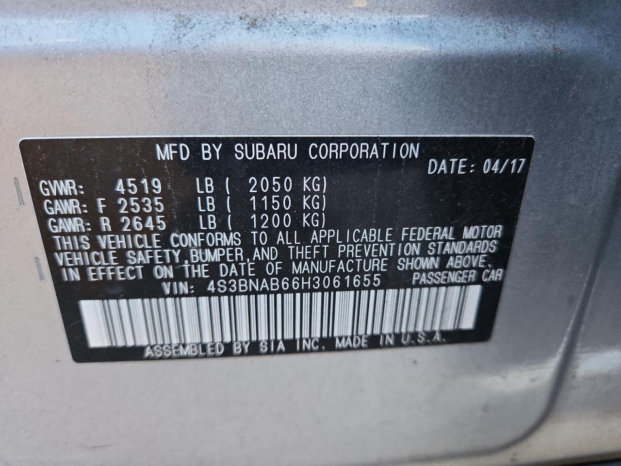 2017 Subaru Legacy 2.5I VIN: 4S3BNAB66H3061655 Lot: 91429805