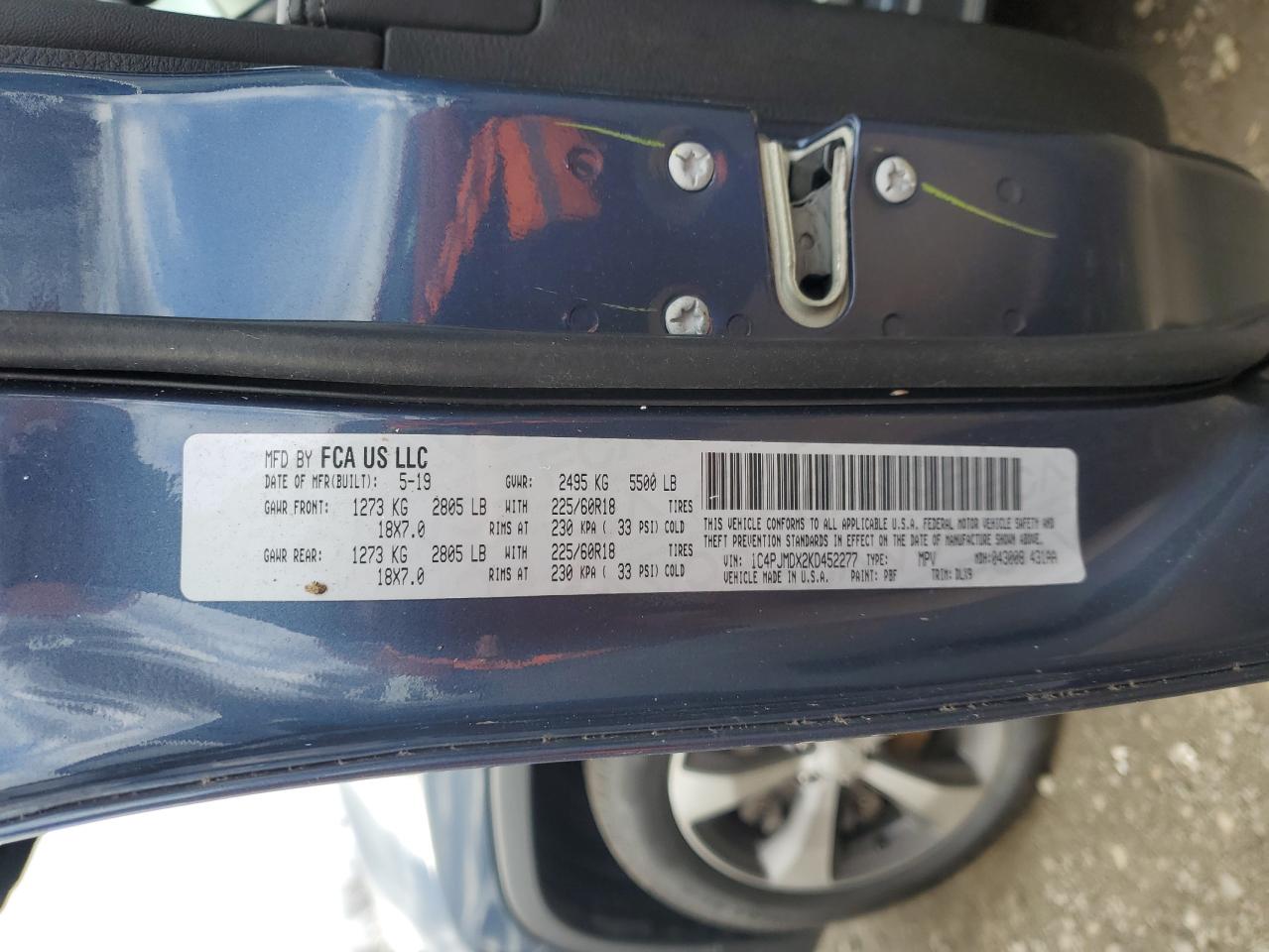 2019 Jeep Cherokee Limited VIN: 1C4PJMDX2KD452277 Lot: 92882285