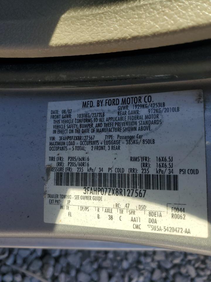 2008 Ford Fusion Se VIN: 3FAHP07ZX8R127567 Lot: 92123175