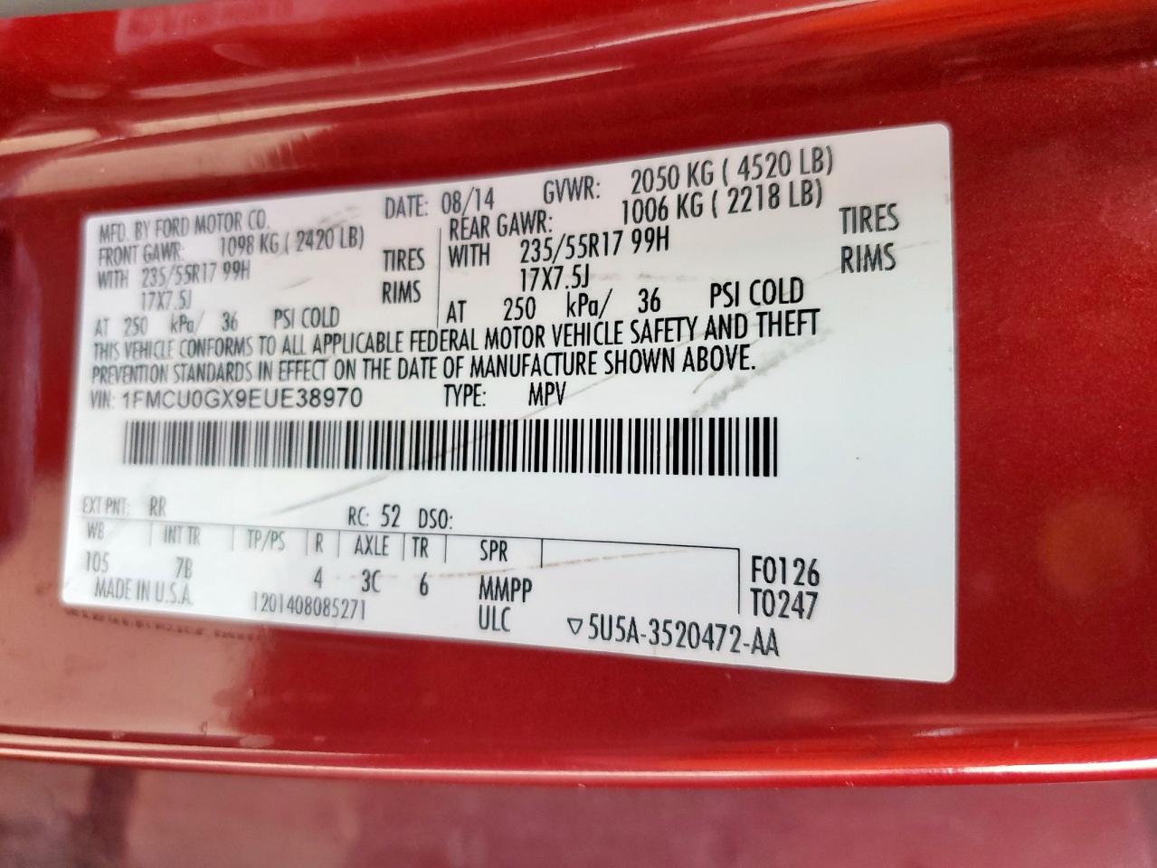 2014 Ford Escape Se VIN: 1FMCU0GX9EUE38970 Lot: 93099065