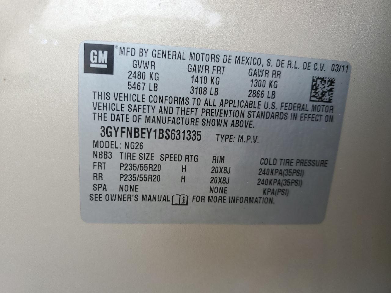 2011 Cadillac Srx Performance Collection VIN: 3GYFNBEY1BS631335 Lot: 91768915