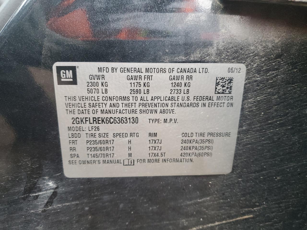 2012 GMC Terrain Sle VIN: 2GKFLREK6C6363130 Lot: 92217005