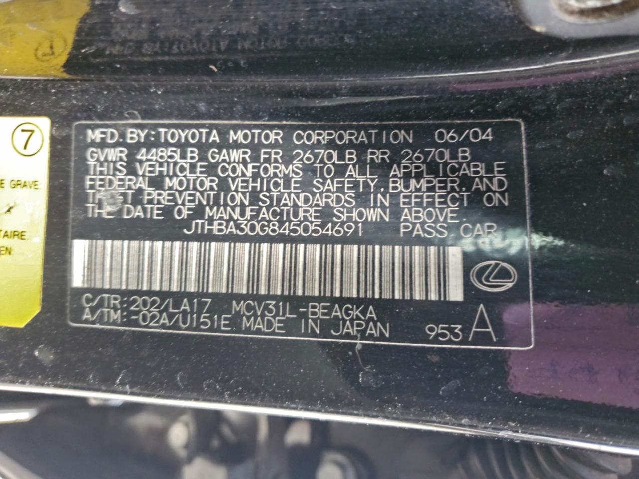 2004 Lexus Es 330 VIN: JTHBA30G845054691 Lot: 94140685