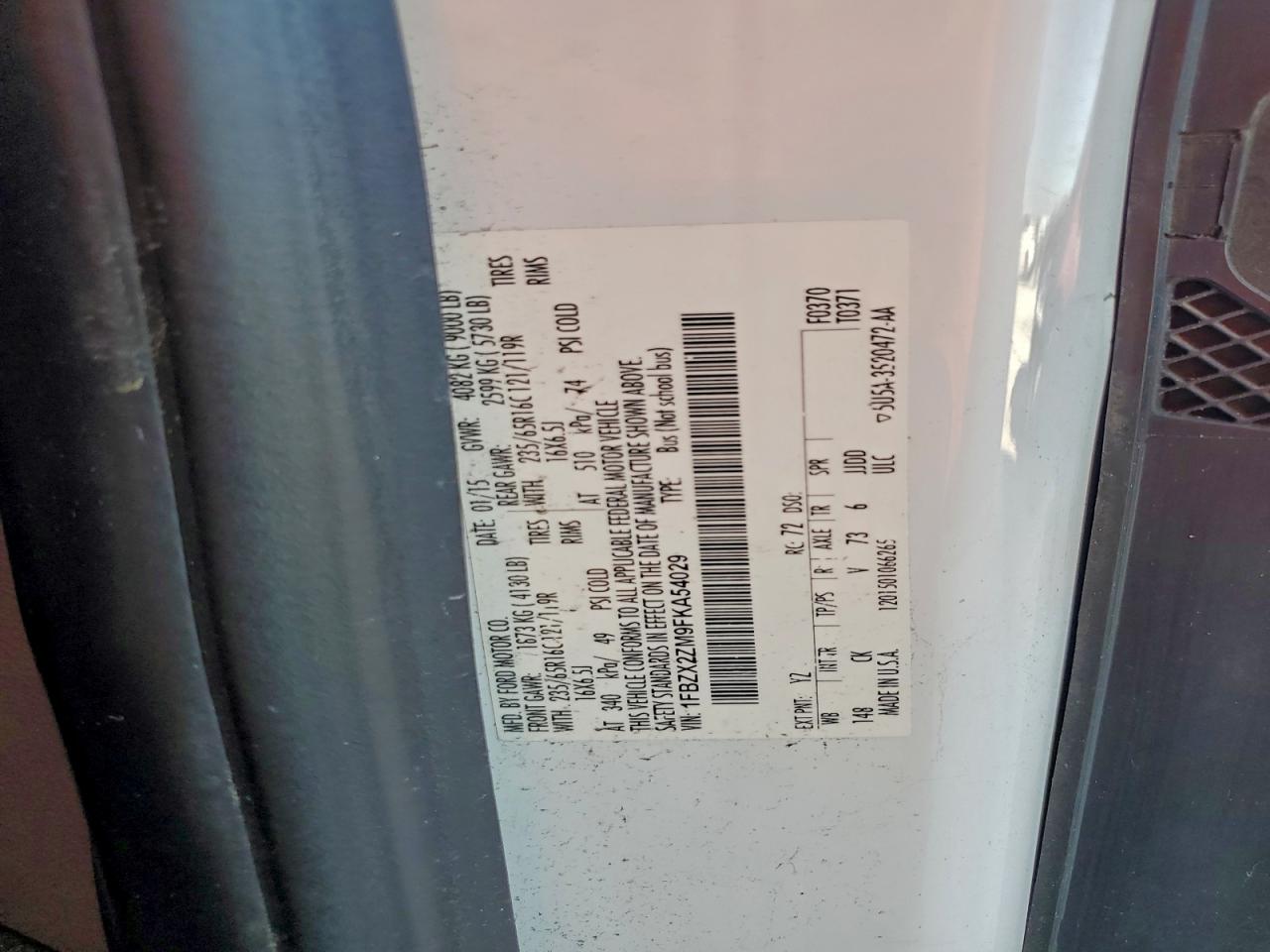 2015 Ford Transit T-350 VIN: 1FBZX2ZM9FKA54029 Lot: 94158265