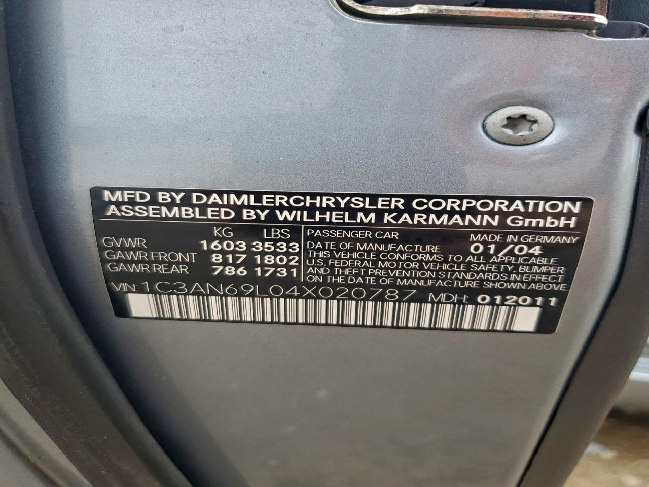 2004 Chrysler Crossfire Limited VIN: 1C3AN69L04X020787 Lot: 93720535