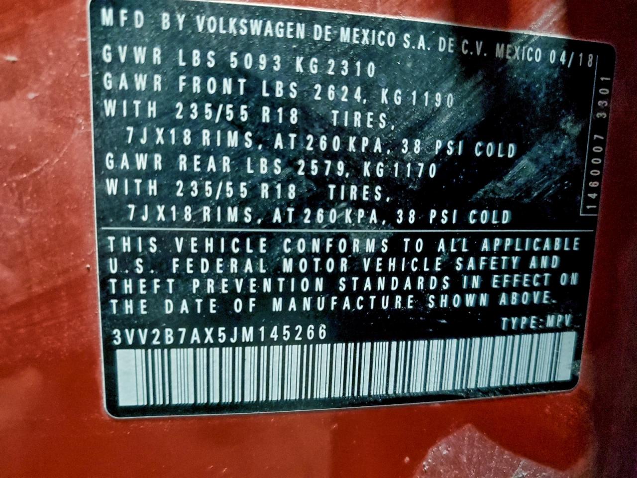 2018 Volkswagen Tiguan Se VIN: 3VV2B7AX5JM145266 Lot: 93728165