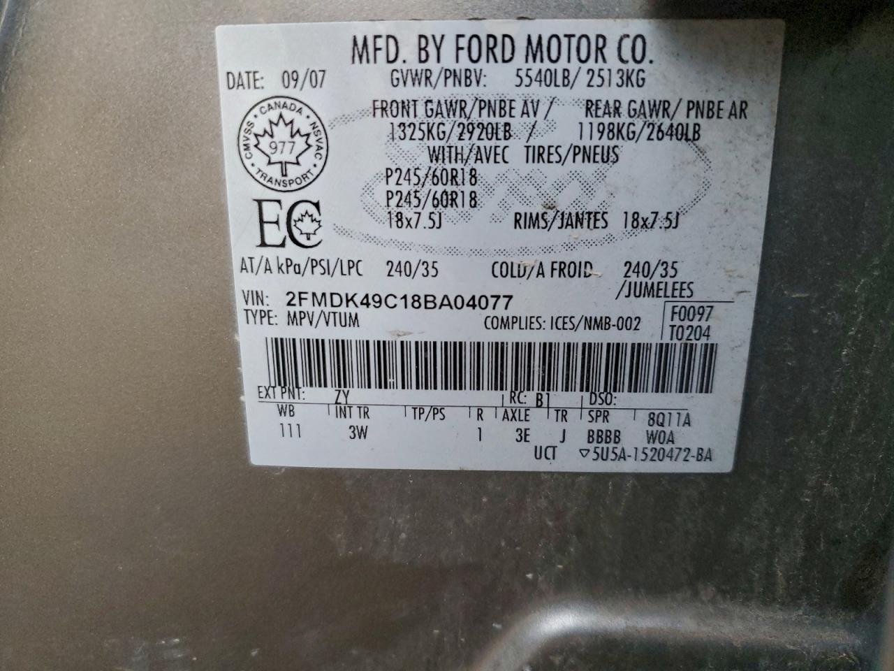 2008 Ford Edge Limited VIN: 2FMDK49C18BA04077 Lot: 93296415