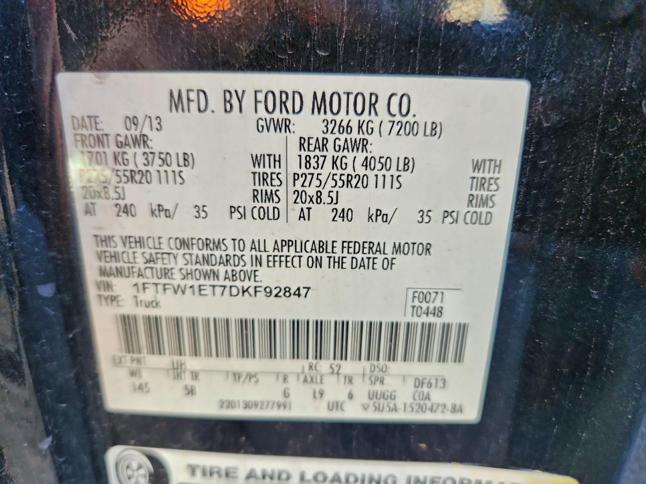 2013 Ford F150 Supercrew VIN: 1FTFW1ET7DKF92847 Lot: 92745965