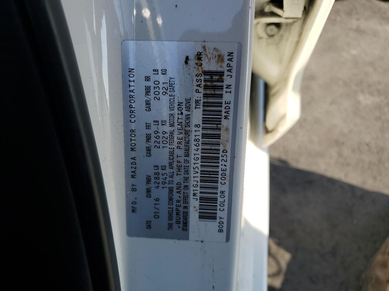 2016 Mazda 6 Touring VIN: JM1GJ1V51G1468118 Lot: 93059125