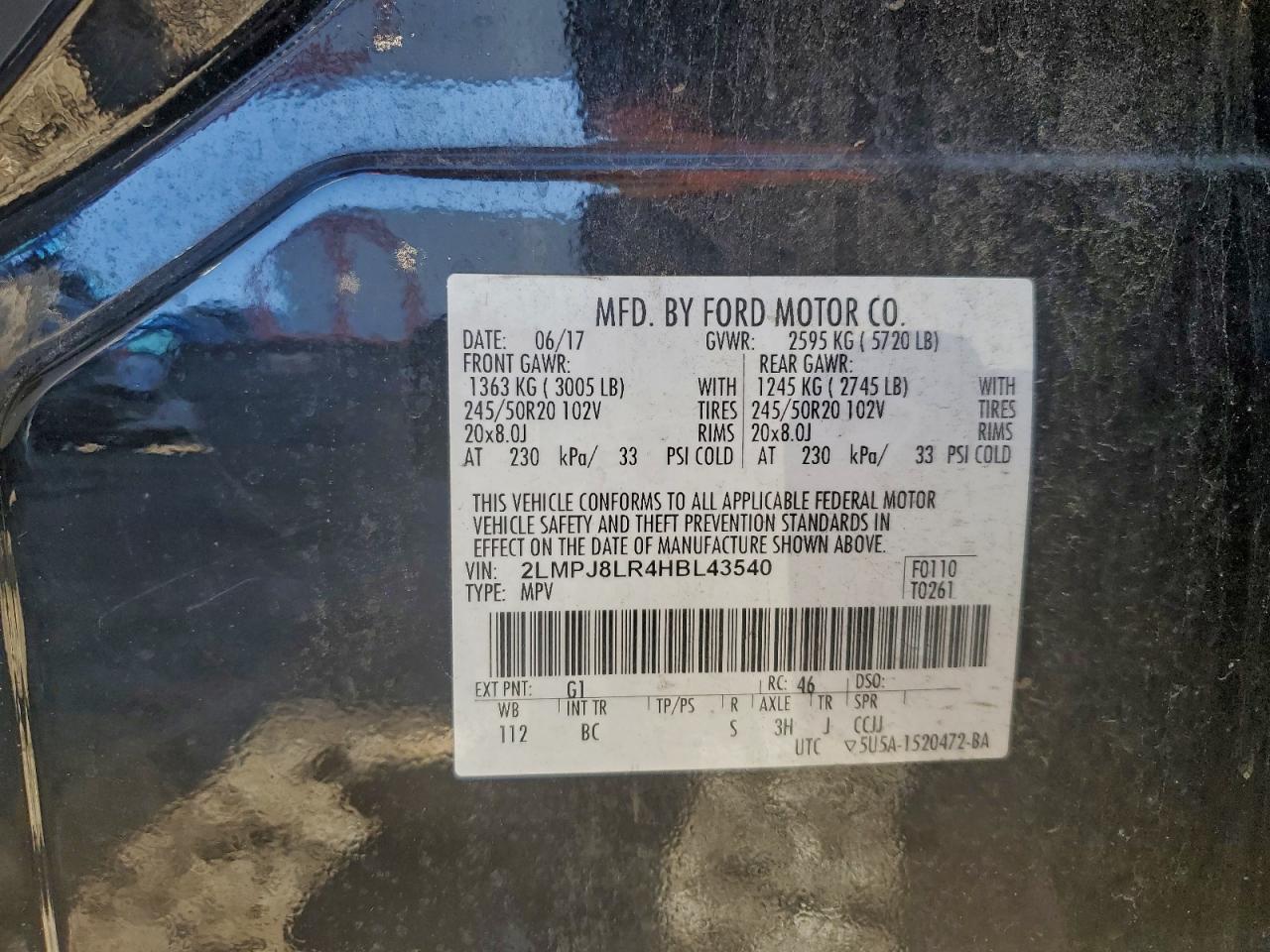 2017 Lincoln Mkx Reserve VIN: 2LMPJ8LR4HBL43540 Lot: 93862885