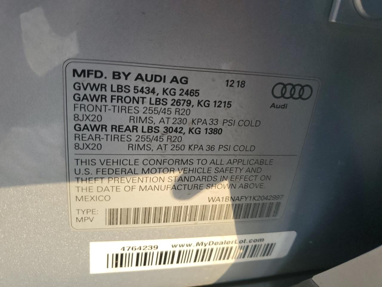 2019 Audi Q5 Premium Plus VIN: WA1BNAFY1K2042997 Lot: 89886785