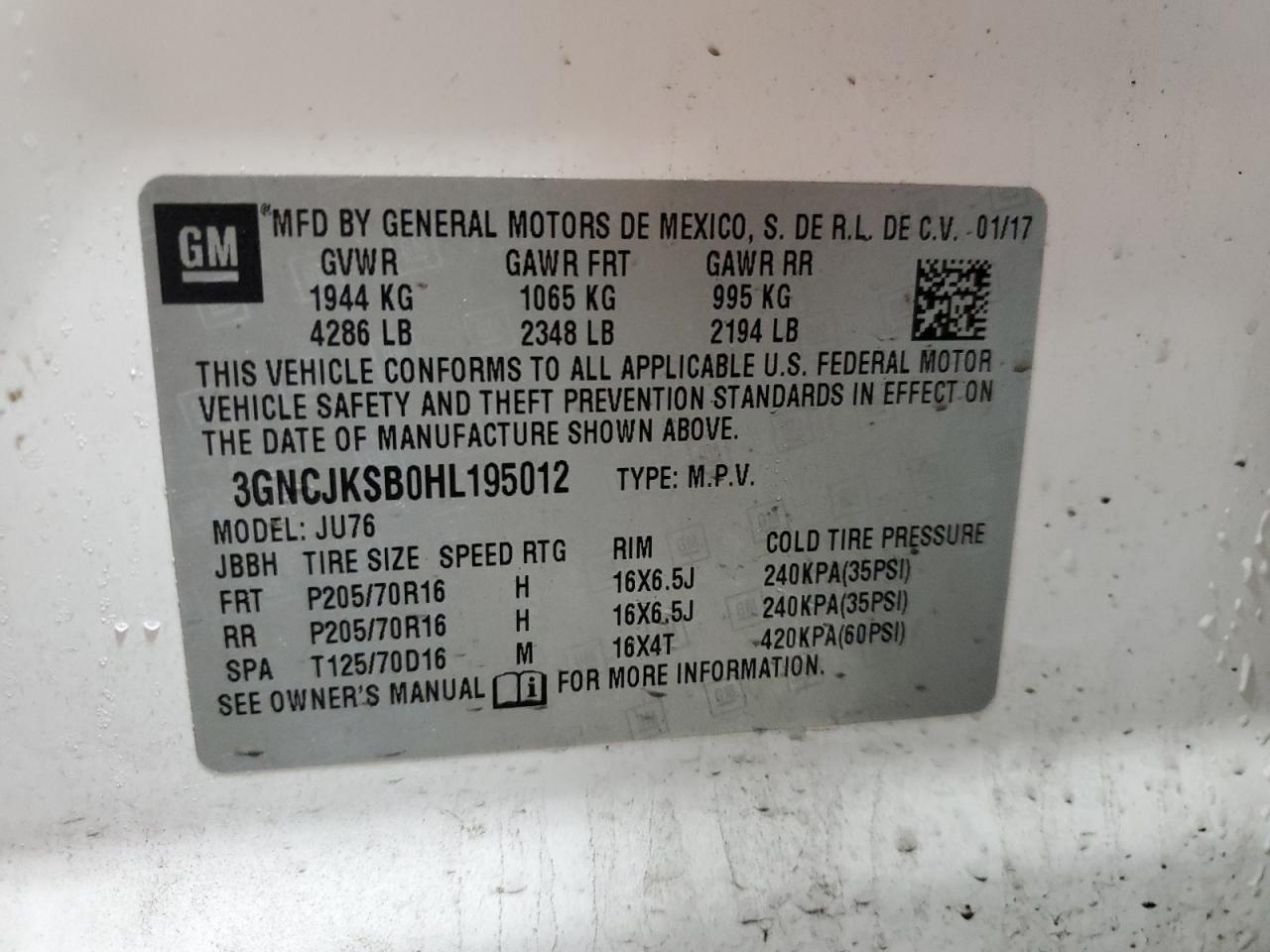 2017 Chevrolet Trax Ls VIN: 3GNCJKSB0HL195012 Lot: 93343425