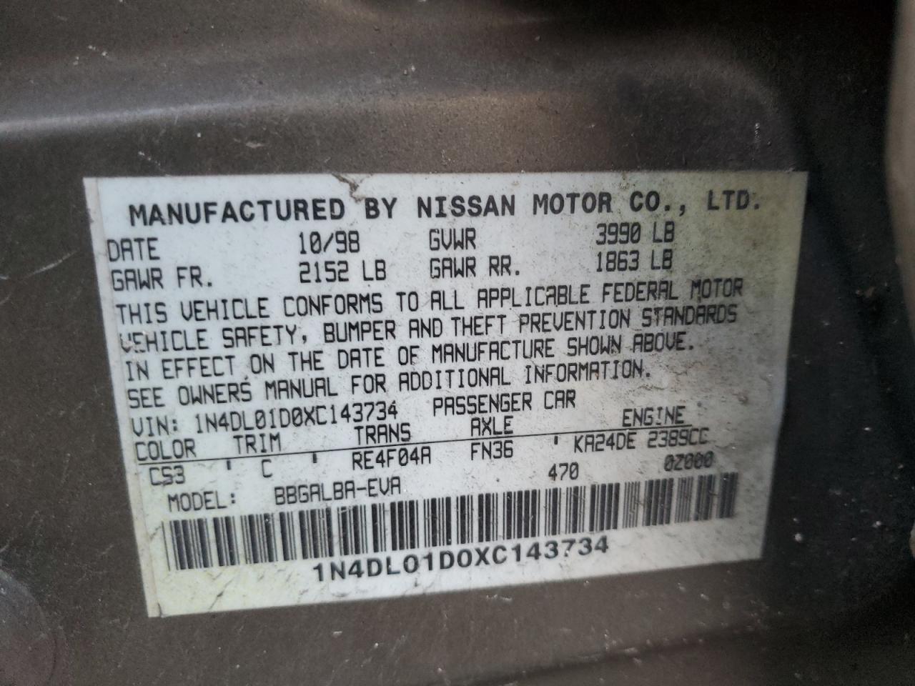 1999 Nissan Altima Xe VIN: 1N4DL01D0XC143734 Lot: 91730215