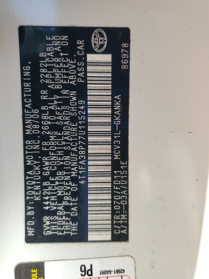 2007 Toyota Camry Solara Se VIN: 4T1FA38P77U115249 Lot: 92493825