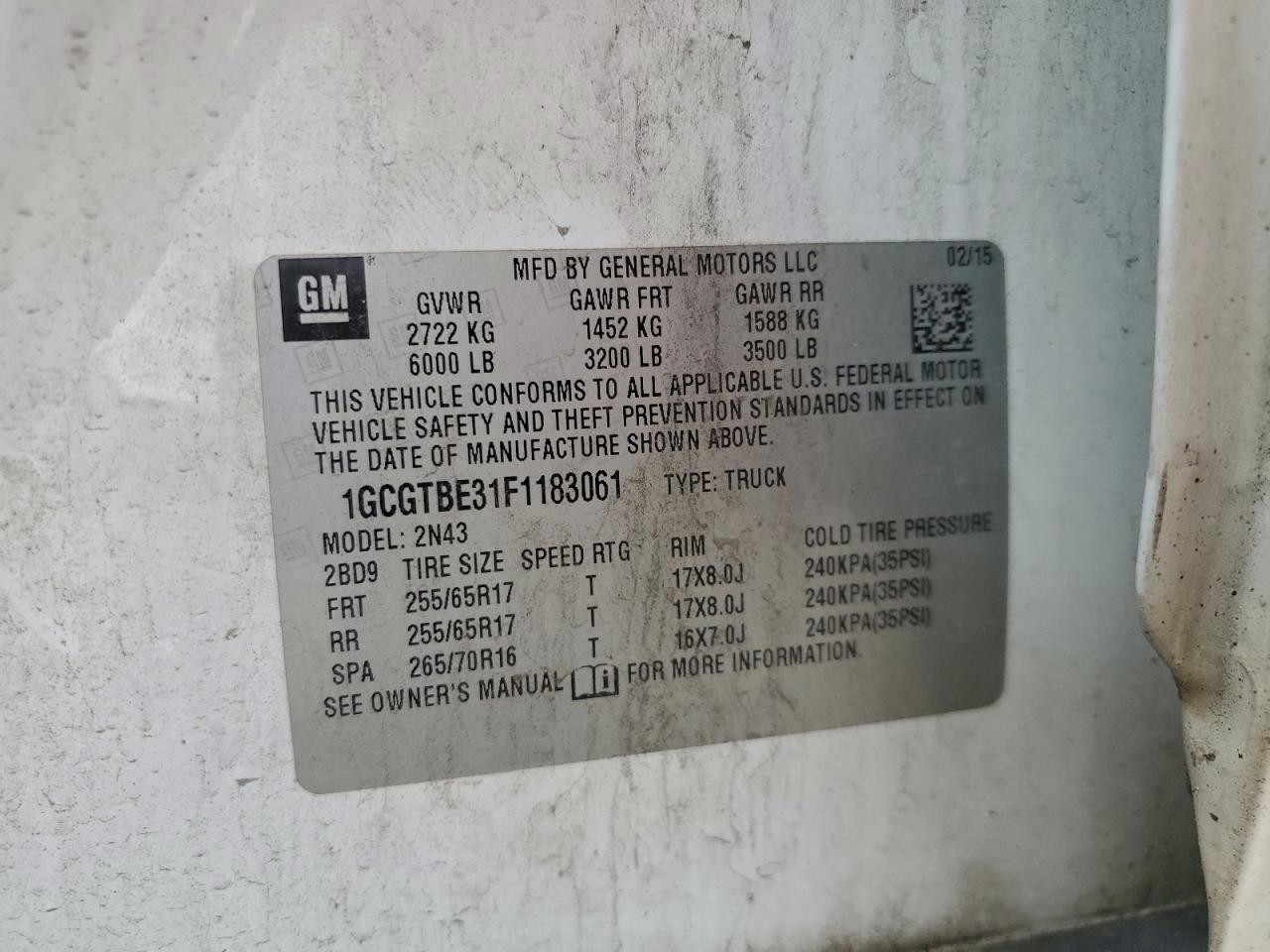 2015 Chevrolet Colorado Lt VIN: 1GCGTBE31F1183061 Lot: 94377785