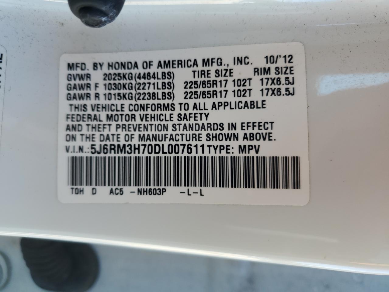 2013 Honda Cr-V Exl VIN: 5J6RM3H70DL007611 Lot: 91348495