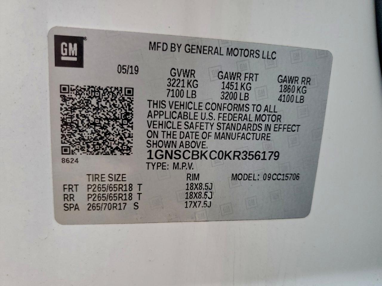 2019 Chevrolet Tahoe C1500 Lt VIN: 1GNSCBKC0KR356179 Lot: 92030105