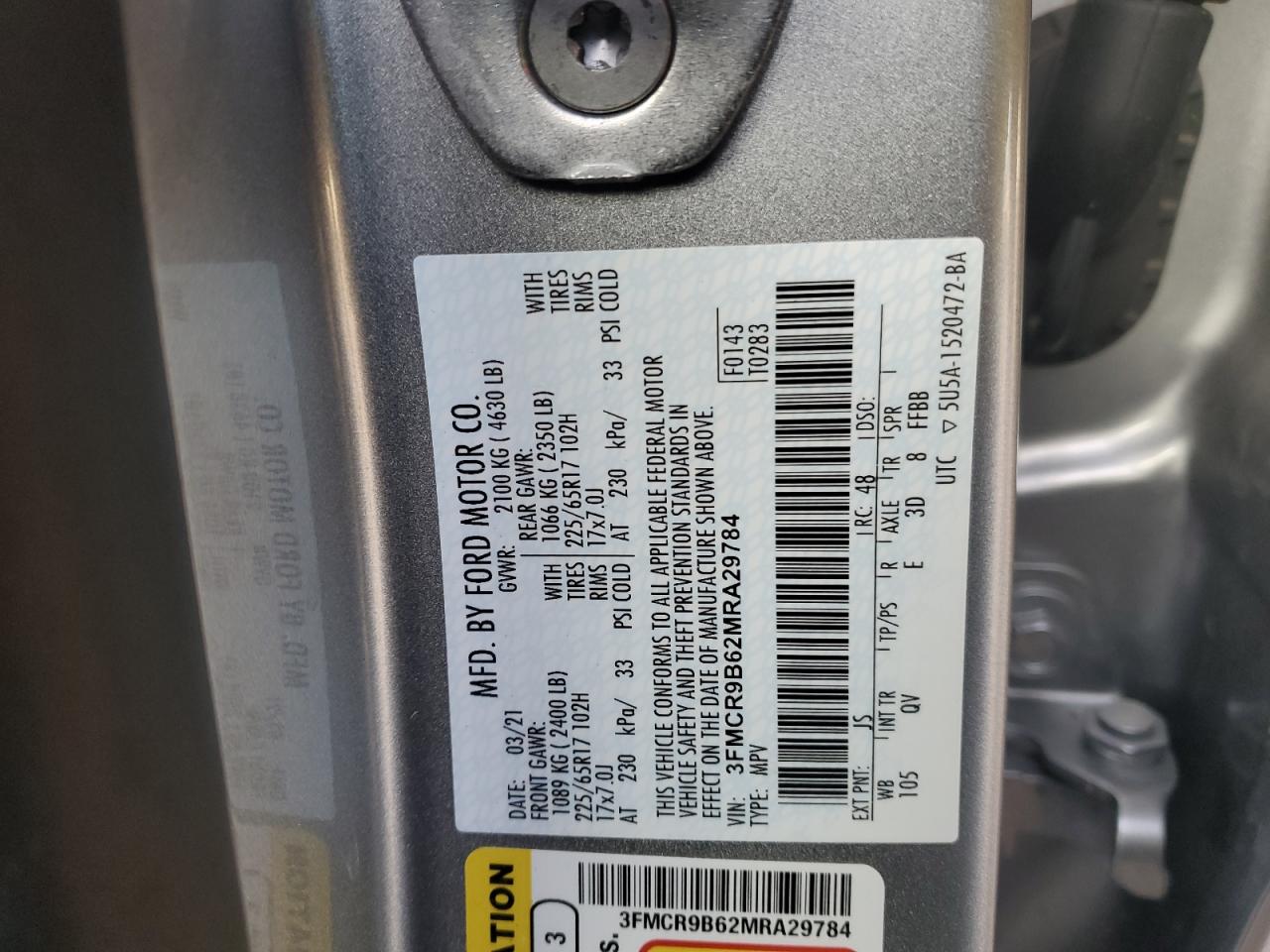 2021 Ford Bronco Sport Big Bend VIN: 3FMCR9B62MRA29784 Lot: 92081695