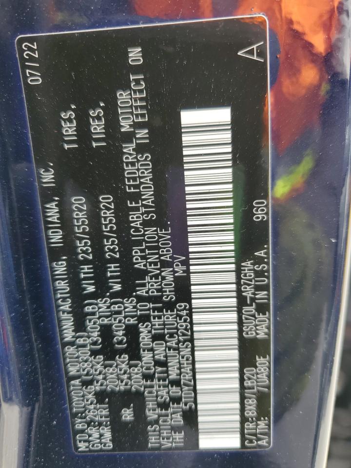 2022 Toyota Highlander Limited VIN: 5TDYZRAH5NS129549 Lot: 92433005