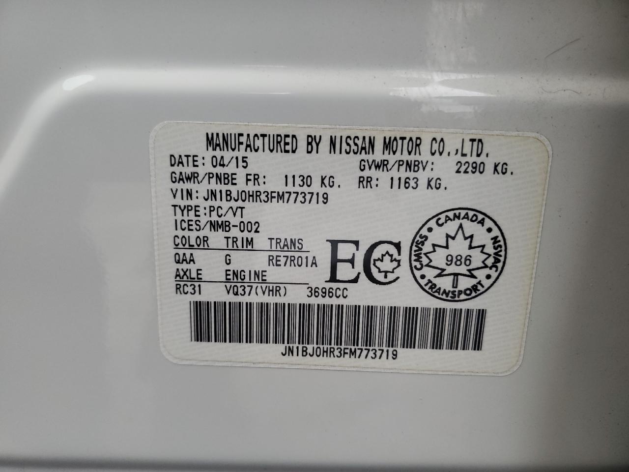 2015 Infiniti Qx50 VIN: JN1BJ0HR3FM773719 Lot: 90569155