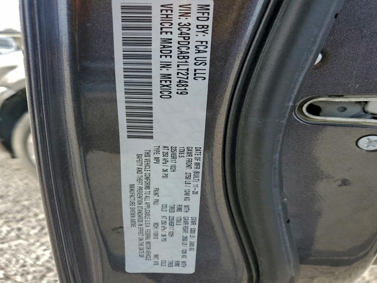 2020 Dodge Journey Se VIN: 3C4PDCAB1LT274819 Lot: 94197665