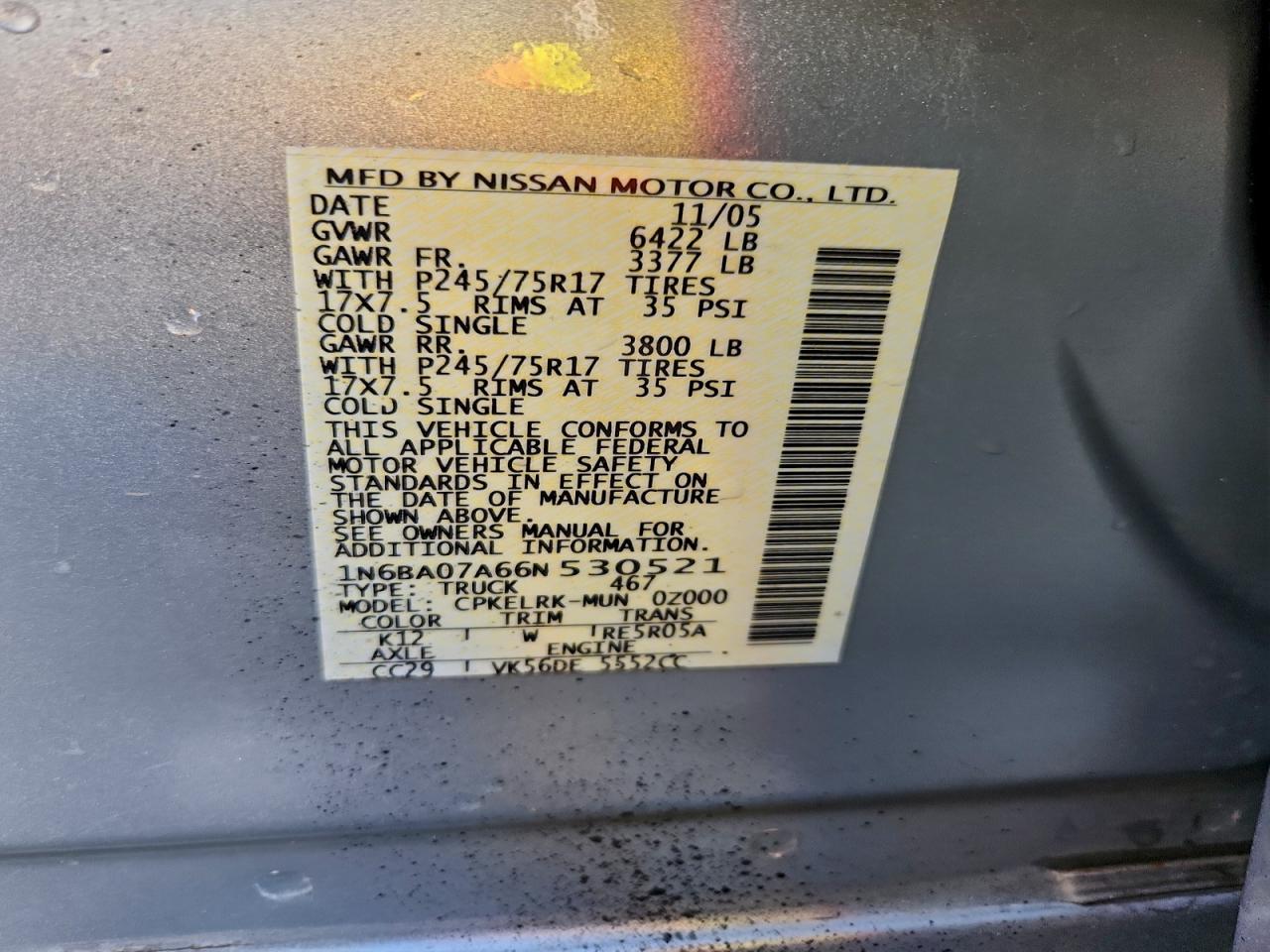 2006 Nissan Titan Xe VIN: 1N6BA07A66N530521 Lot: 93062295