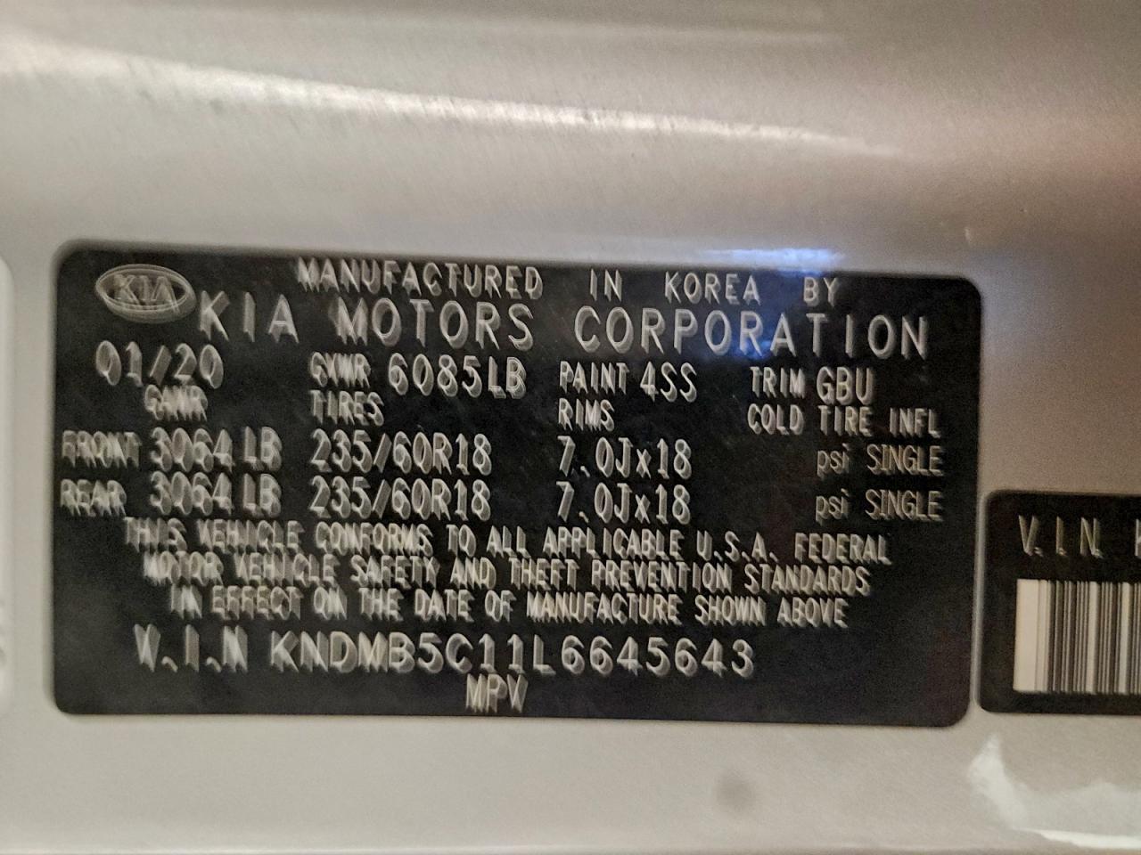 2020 Kia Sedona Lx VIN: KNDMB5C11L6645643 Lot: 93470205