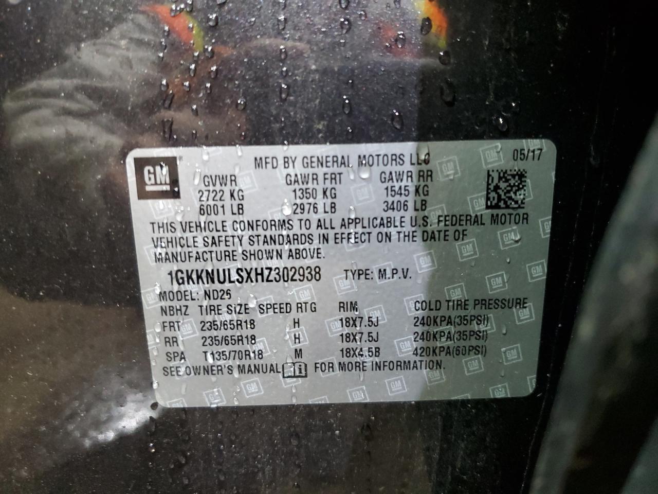 2017 GMC Acadia Slt-1 VIN: 1GKKNULSXHZ302938 Lot: 91791645