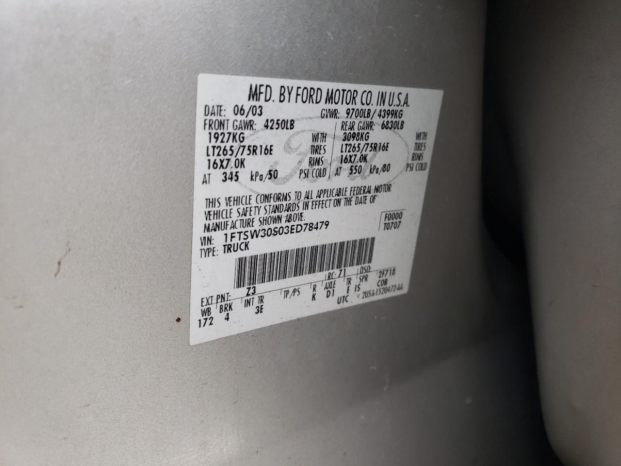 2003 Ford F350 Srw Super Duty VIN: 1FTSW30S03ED78479 Lot: 93129005