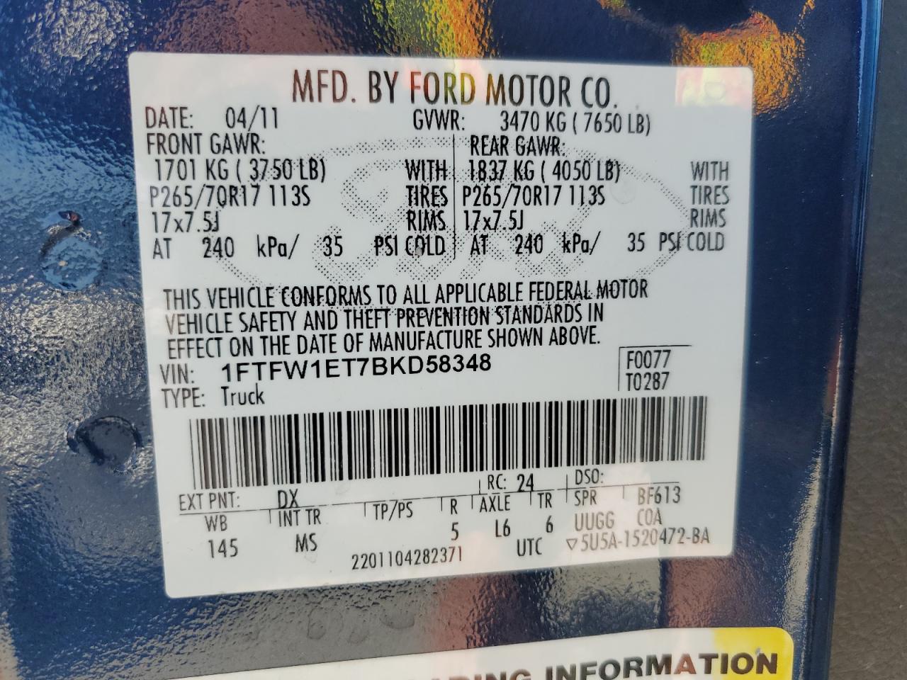 2011 Ford F150 Supercrew VIN: 1FTFW1ET7BKD58348 Lot: 92123755