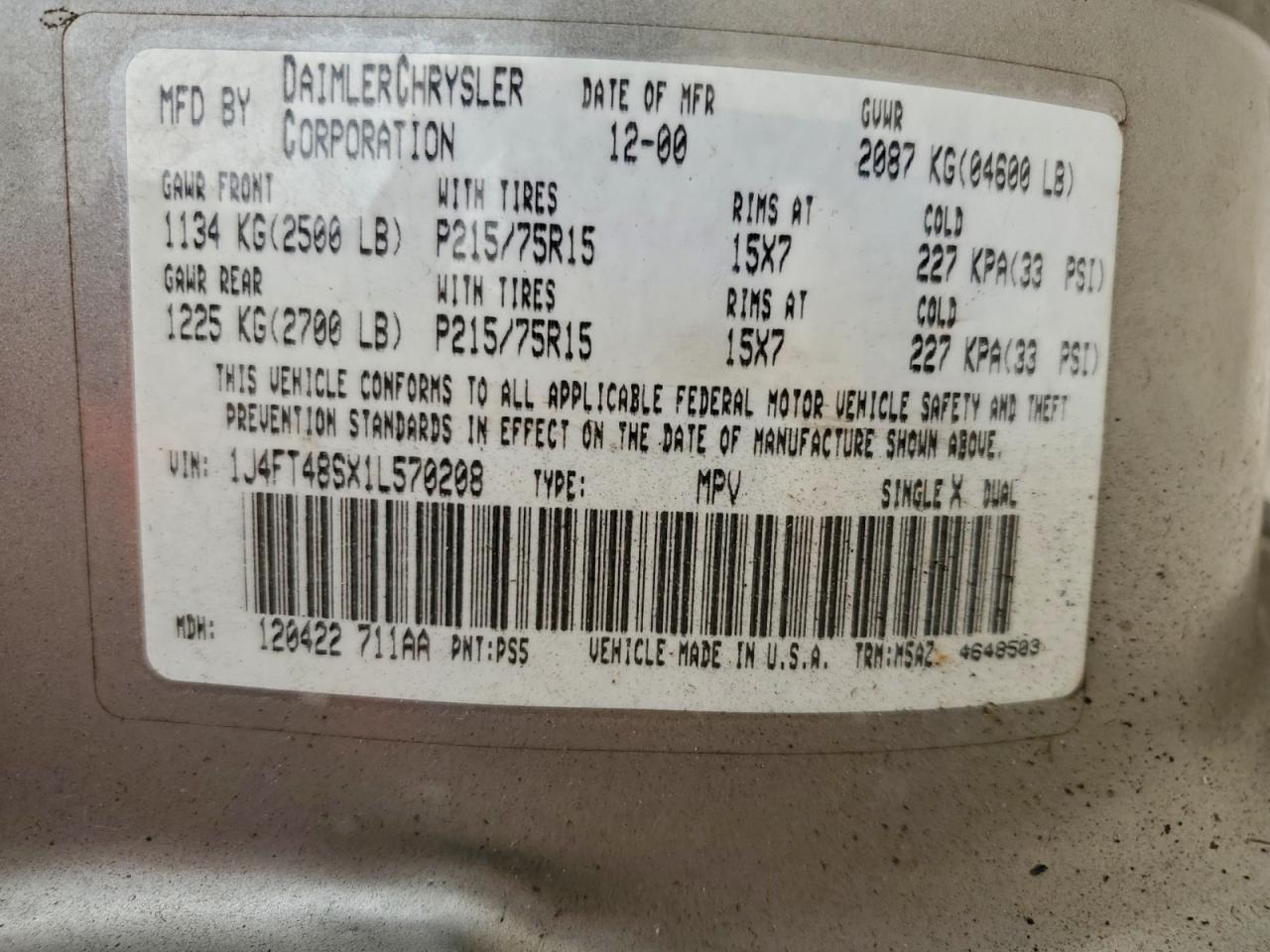 2001 Jeep Cherokee Sport VIN: 1J4FT48SX1L570208 Lot: 94316585