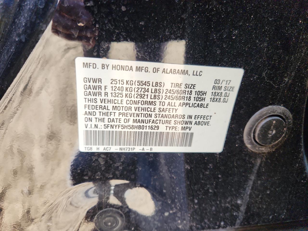 2017 Honda Pilot Exl VIN: 5FNYF5H58HB011629 Lot: 91274295