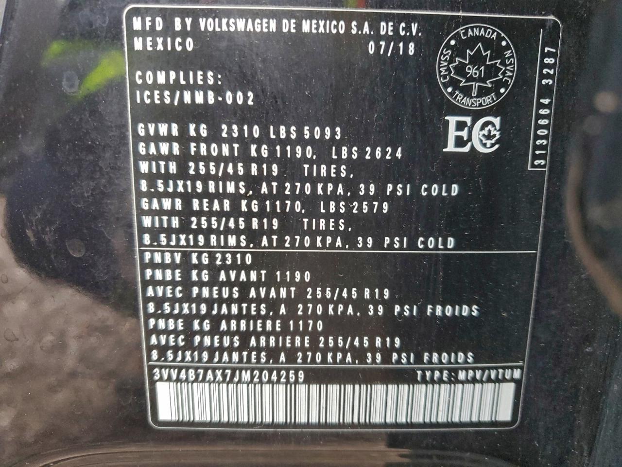2018 Volkswagen Tiguan Sel Premium VIN: 3VV4B7AX7JM204259 Lot: 90053585
