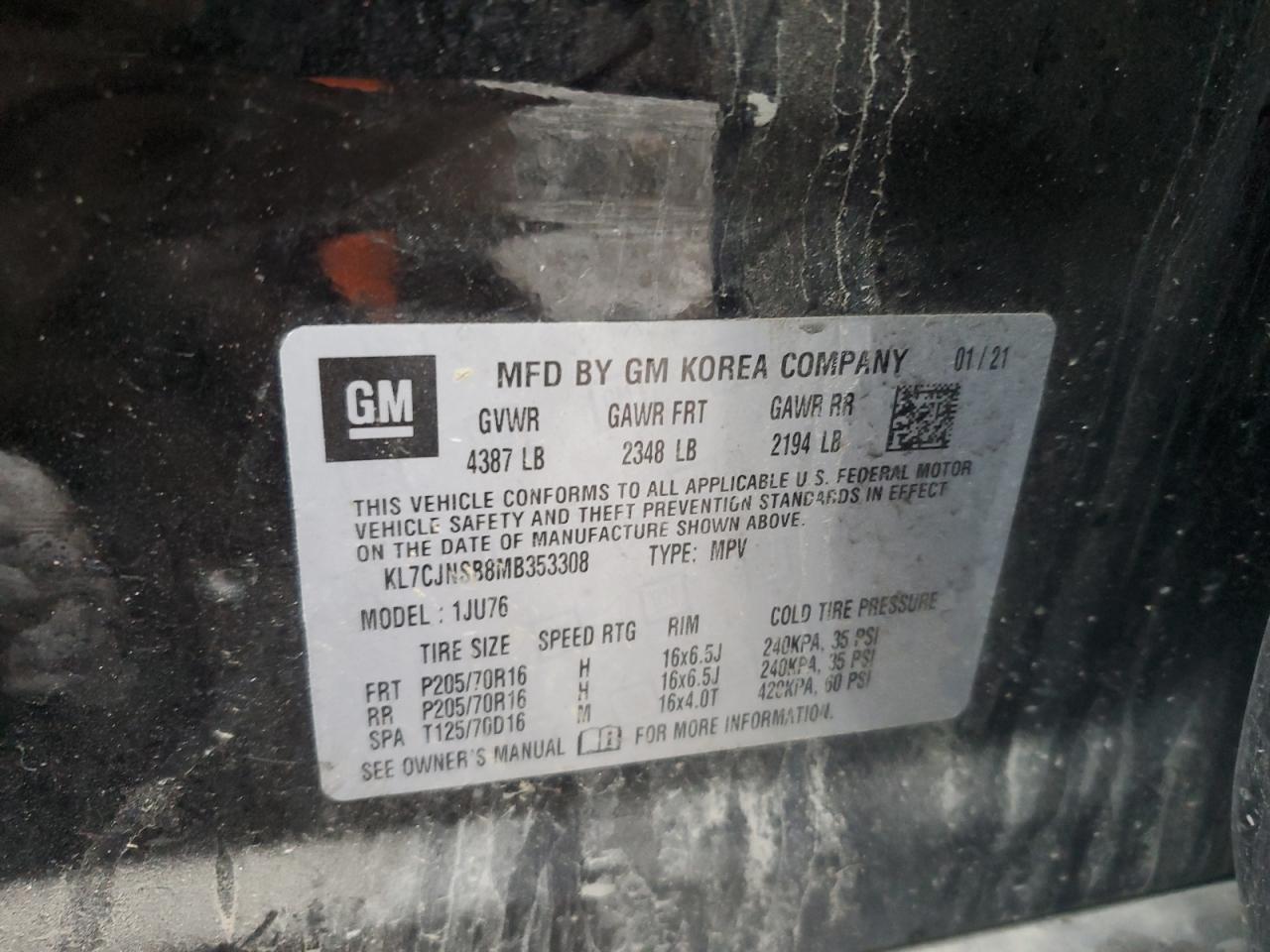 2021 Chevrolet Trax Ls VIN: KL7CJNSB8MB353308 Lot: 93211625