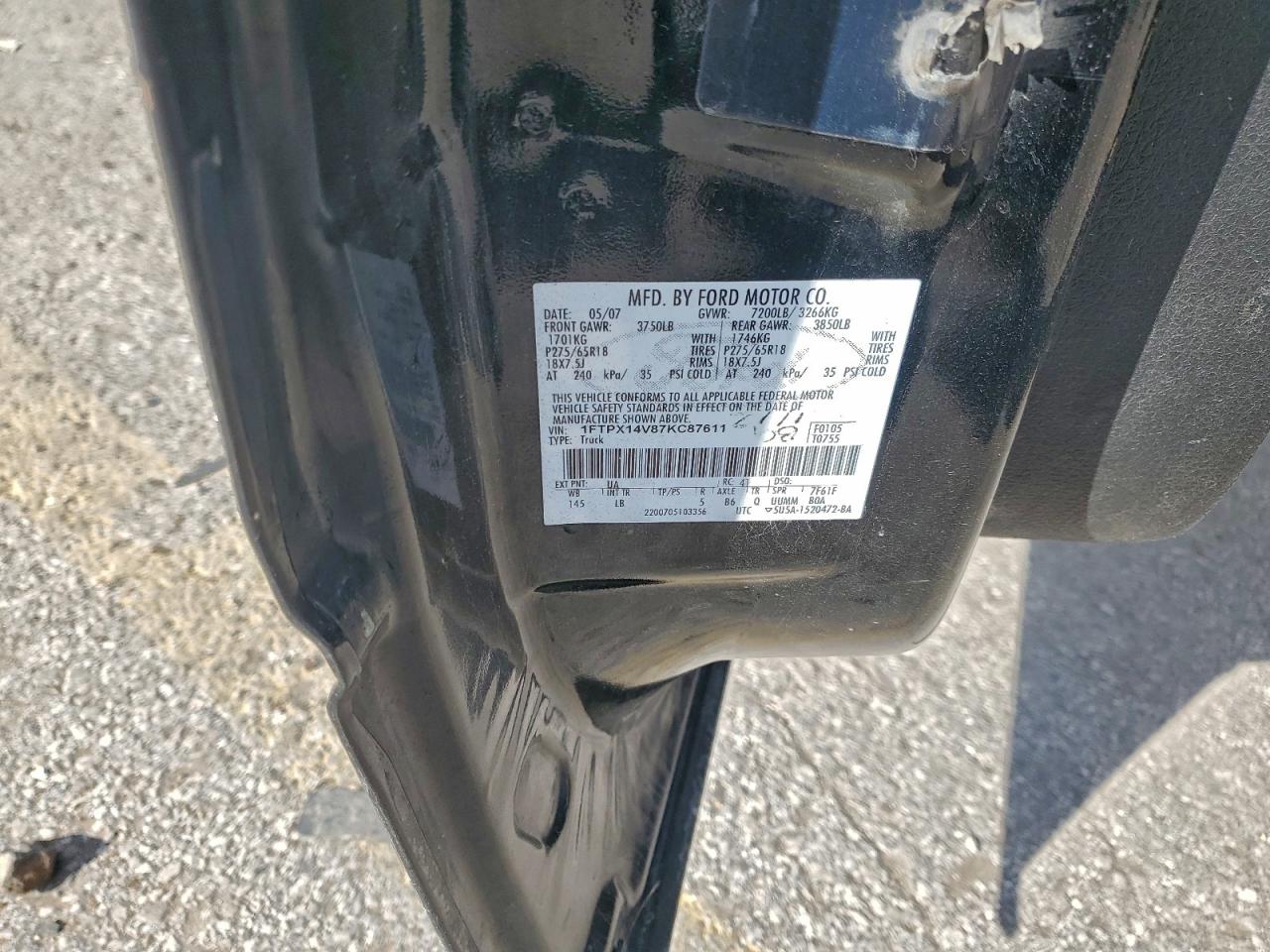 2007 Ford F150 VIN: 1FTPX14V87KC87611 Lot: 94575995