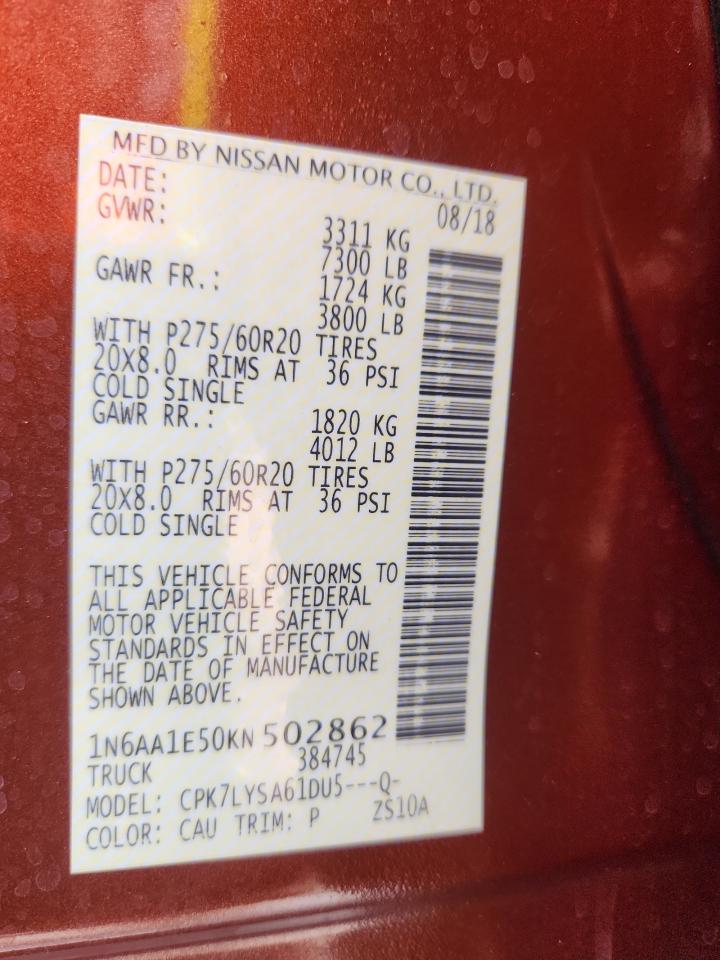 2019 Nissan Titan Sv VIN: 1N6AA1E50KN502862 Lot: 91940125