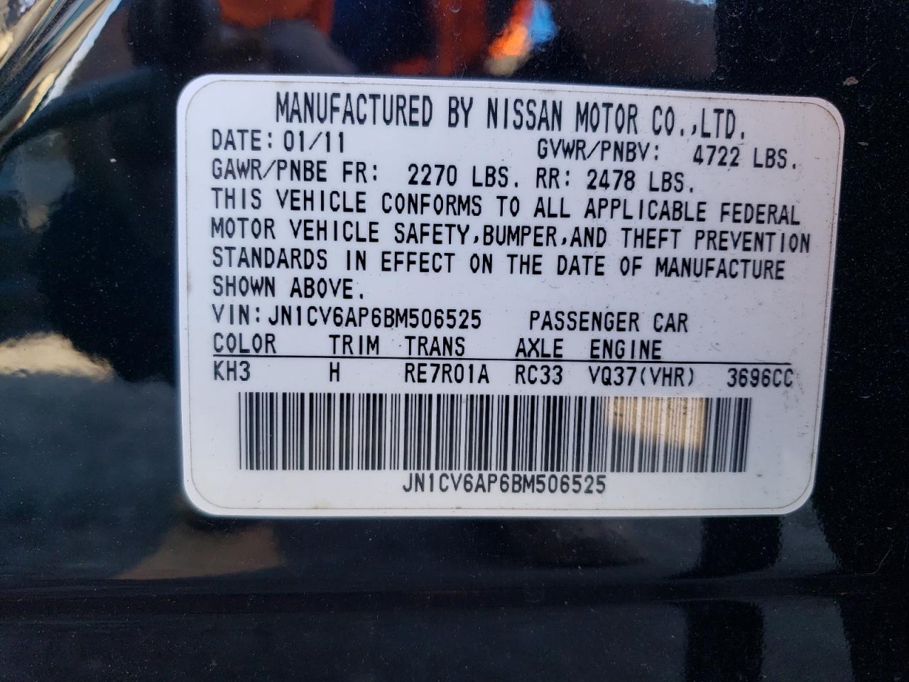 2011 Infiniti G37 Base VIN: JN1CV6AP6BM506525 Lot: 92817295