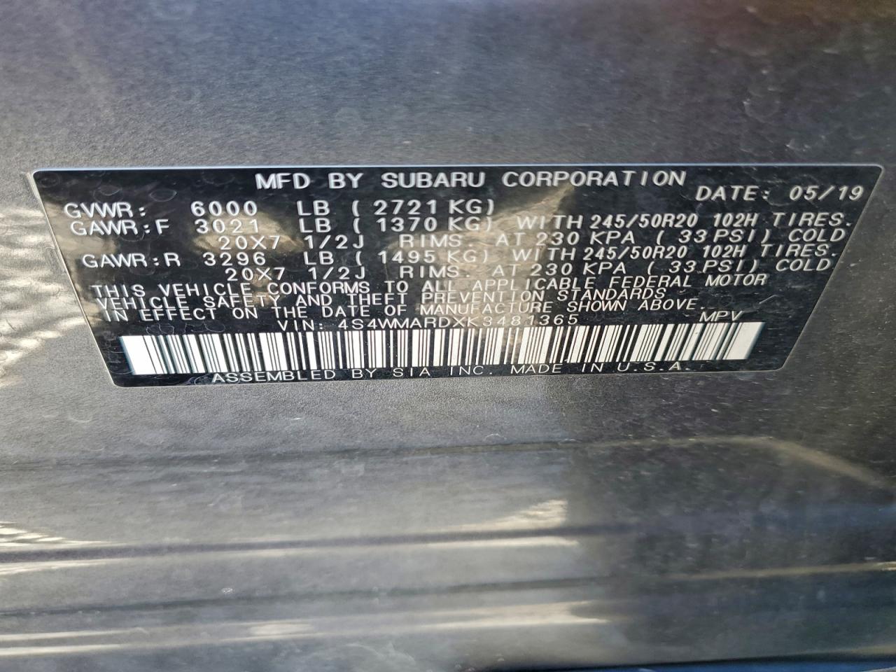 2019 Subaru Ascent Touring VIN: 4S4WMARDXK3481365 Lot: 94655205