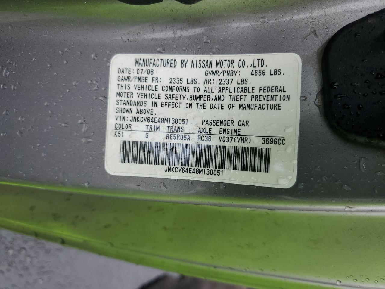 2008 Infiniti G37 Base VIN: JNKCV64E48M130051 Lot: 93322185