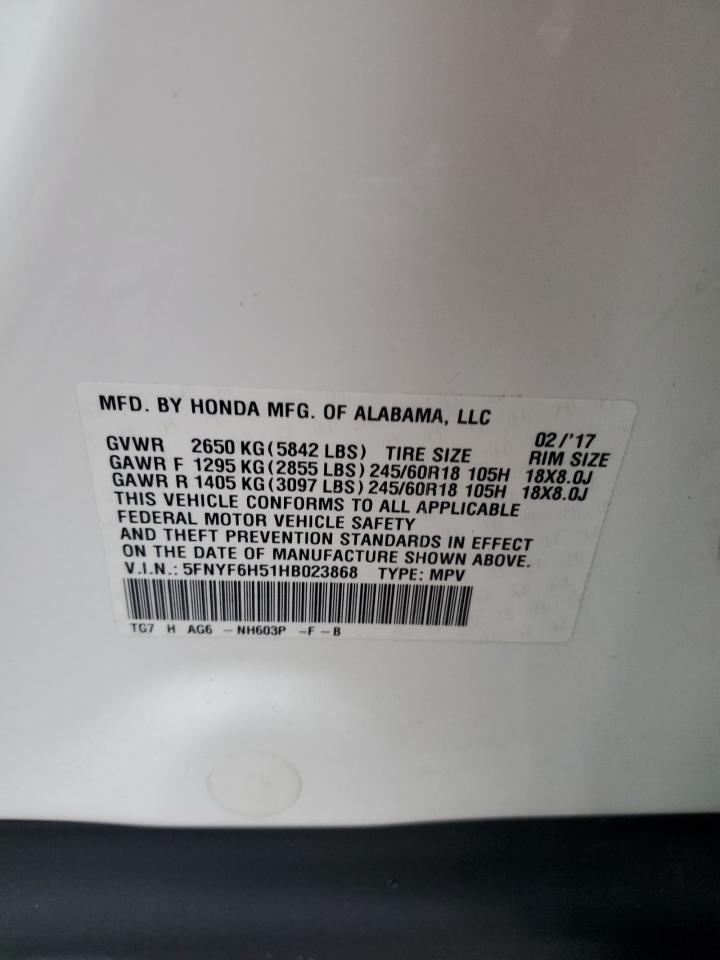 2017 Honda Pilot Exl VIN: 5FNYF6H51HB023868 Lot: 93558605