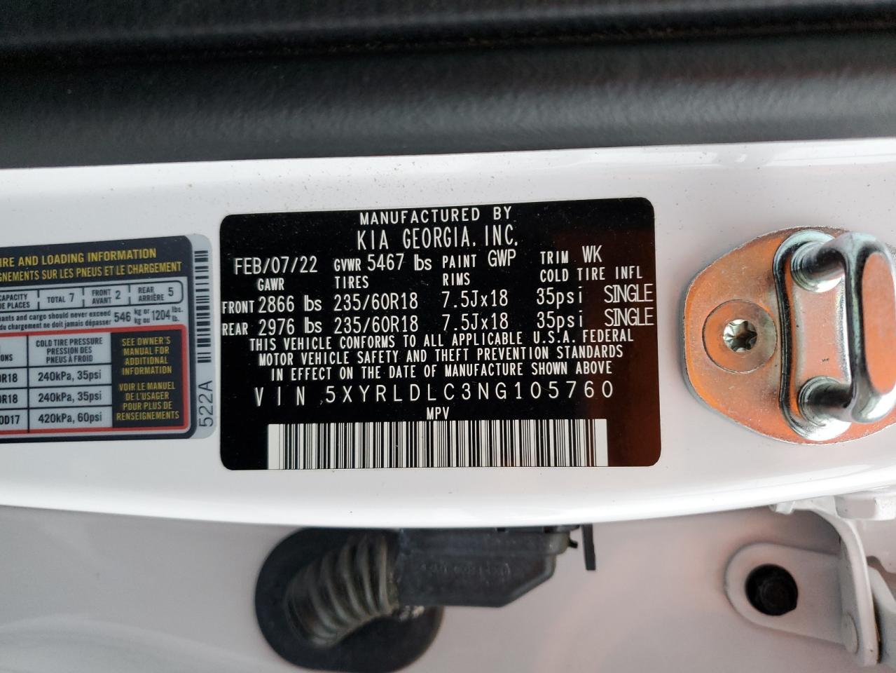 2022 Kia Sorento S VIN: 5XYRLDLC3NG105760 Lot: 92994145