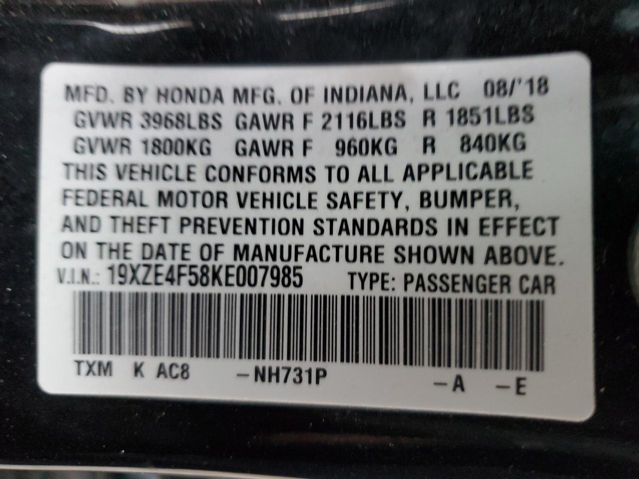 2019 Honda Insight Ex VIN: 19XZE4F58KE007985 Lot: 92209555