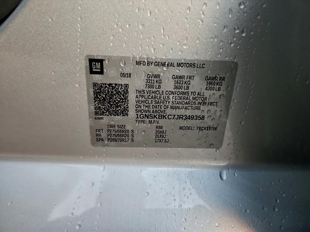 2018 Chevrolet Tahoe K1500 Lt VIN: 1GNSKBKC7JR349358 Lot: 94346955